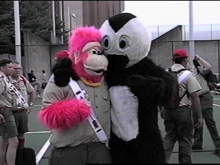 Pink gorilla and penguin friend